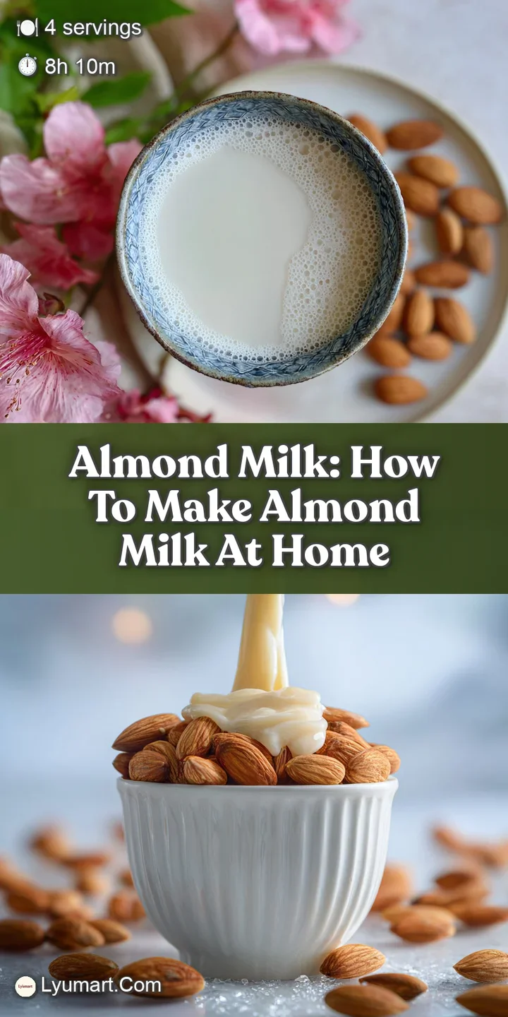 Close-up of fresh almond milk, light reflecting on its creamy, smooth texture, with tiny bubbles and a few visible almond ...
