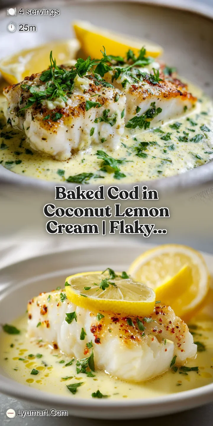 Close-up of tender cod in a luscious coconut cream sauce, flecked with fresh herbs and hints of lemon zest. Steam rising s...