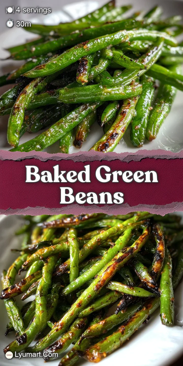 Close-up of baked green beans showcasing their slightly wrinkled skin, blistered spots, and vibrant green hue, fresh out o...