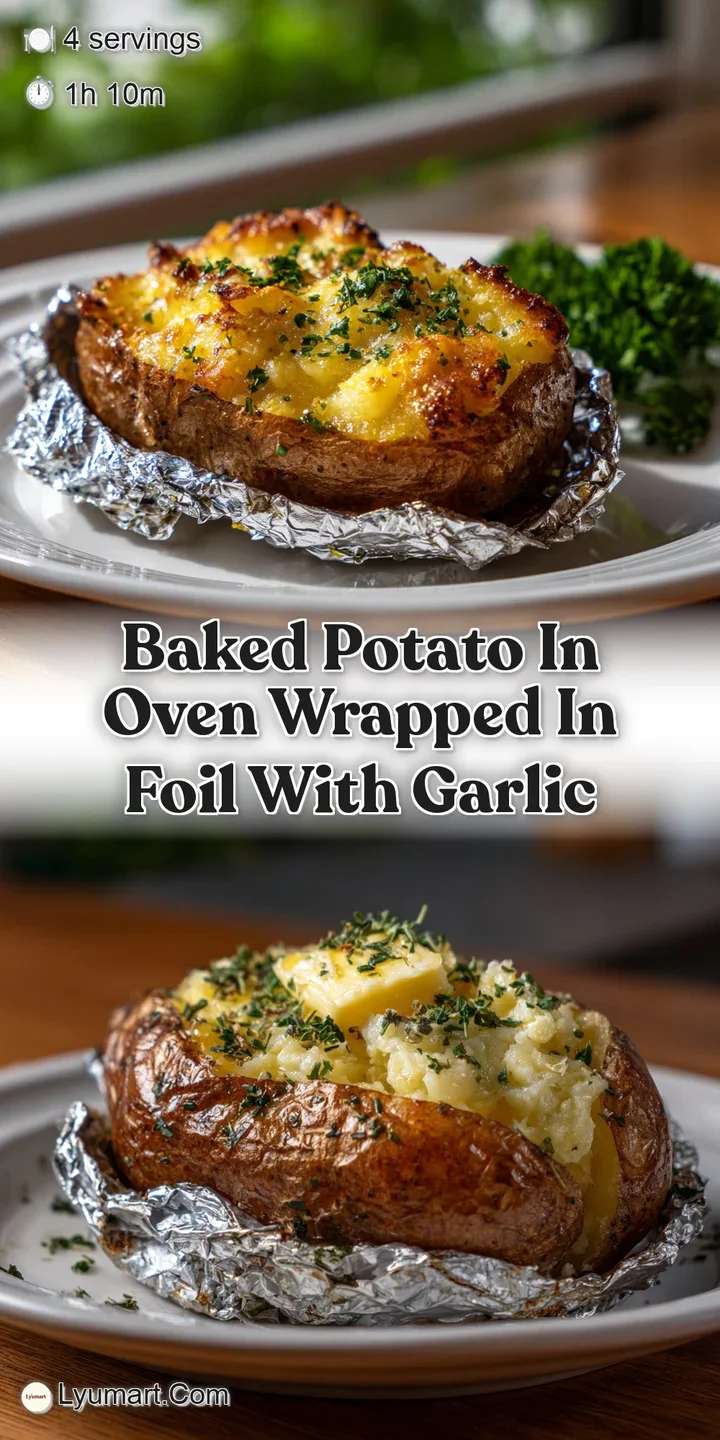 Close-up captures the steamy interior of a baked potato, rich with melted butter, roasted garlic, and flecks of fresh herbs.