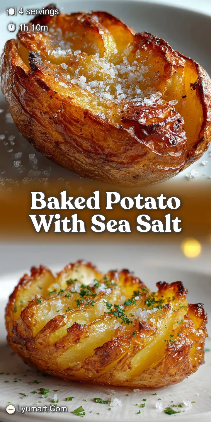 Close-up of crispy, browned potato skin with sparkling sea salt crystals, hinting at the soft, steamy interior.