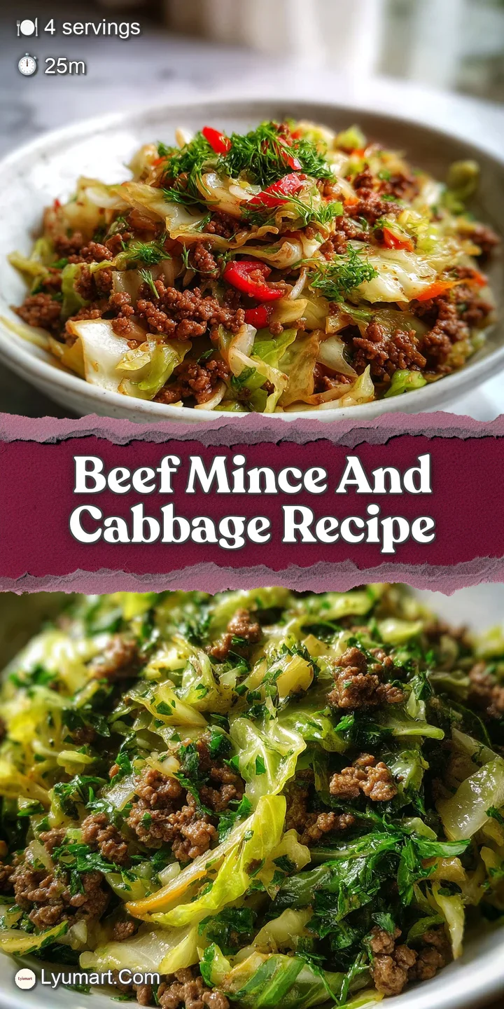 Close-up of juicy browned beef mince mingled with softened, vibrant green cabbage. Steam rises, hinting at a delicious, co...