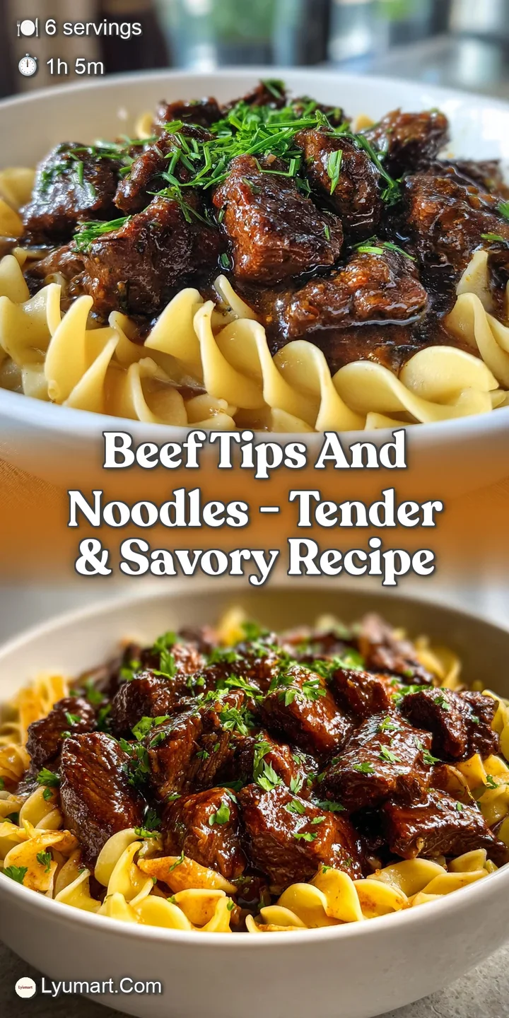 Close-up of fork lifting juicy beef tips and plump noodles, glistening with a deeply colored, flavorful sauce.