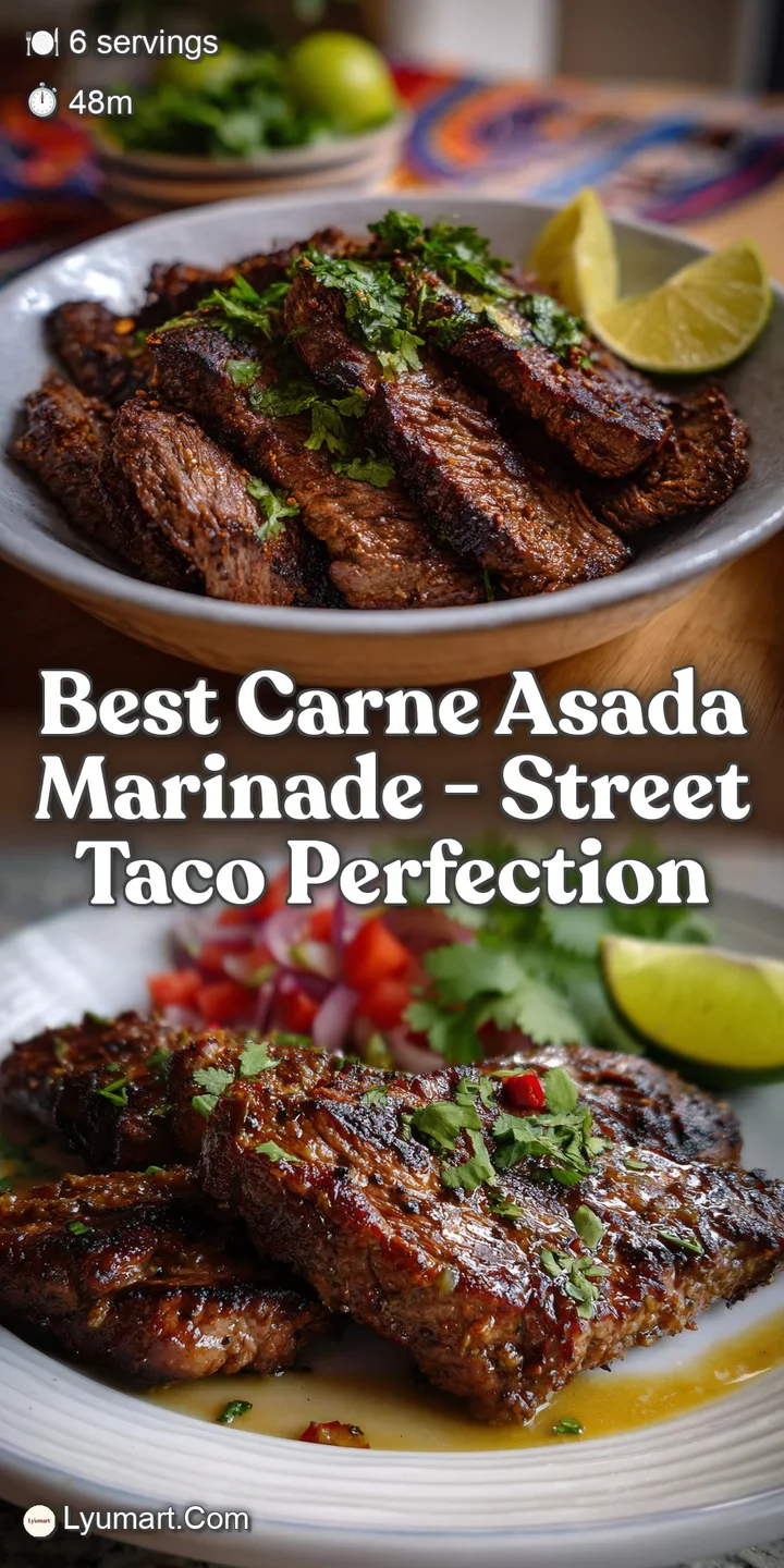 Close-up of succulent carne asada steak, glistening with marinade, showcasing a tantalizing texture, ready to be enjoyed a...