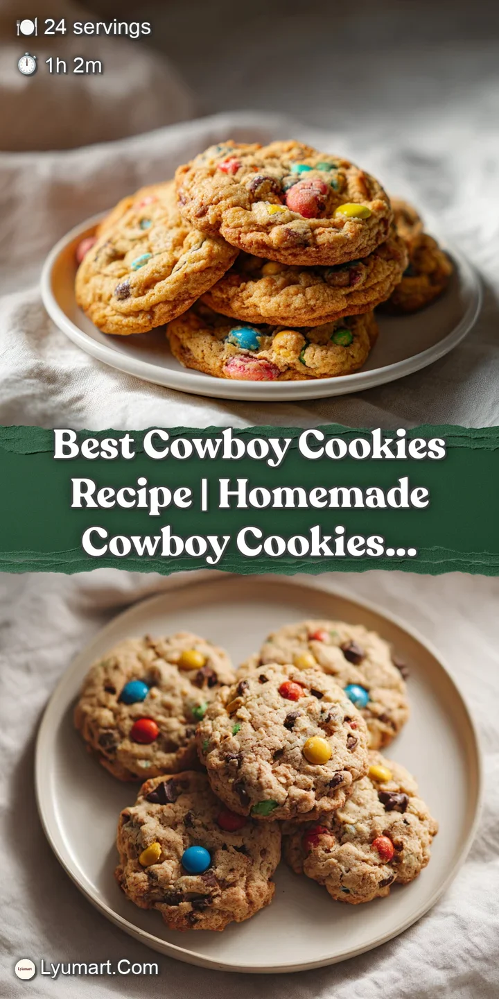 Close-up of a perfectly baked cowboy cookie, showcasing melty chocolate chips and crunchy oat texture, with a warm, inviti...
