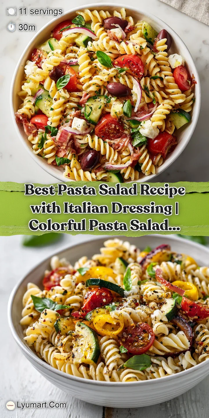 Close-up of tender pasta coated in tangy Italian dressing, dotted with plump olives and crisp vegetables.