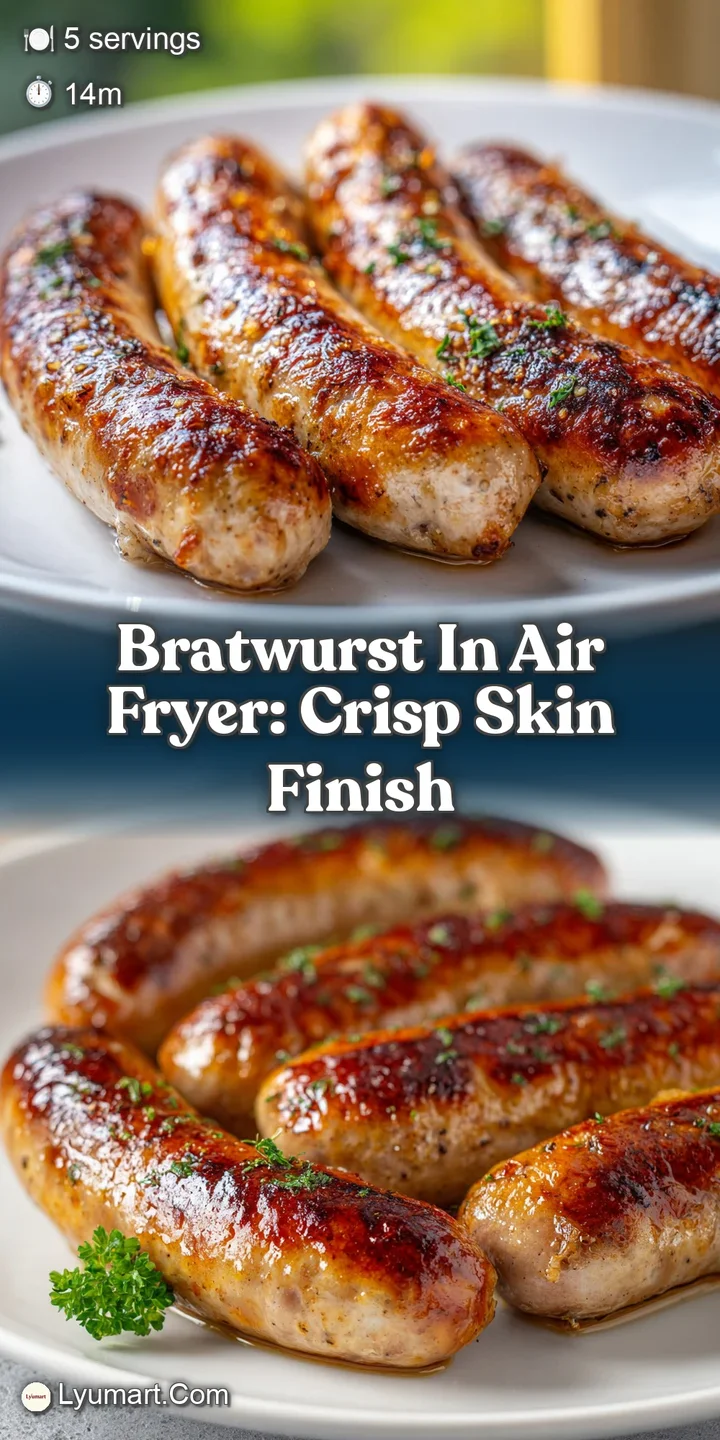 Close-up captures the deeply browned, slightly wrinkled skin of an air-fried bratwurst, glistening with rendered fat.