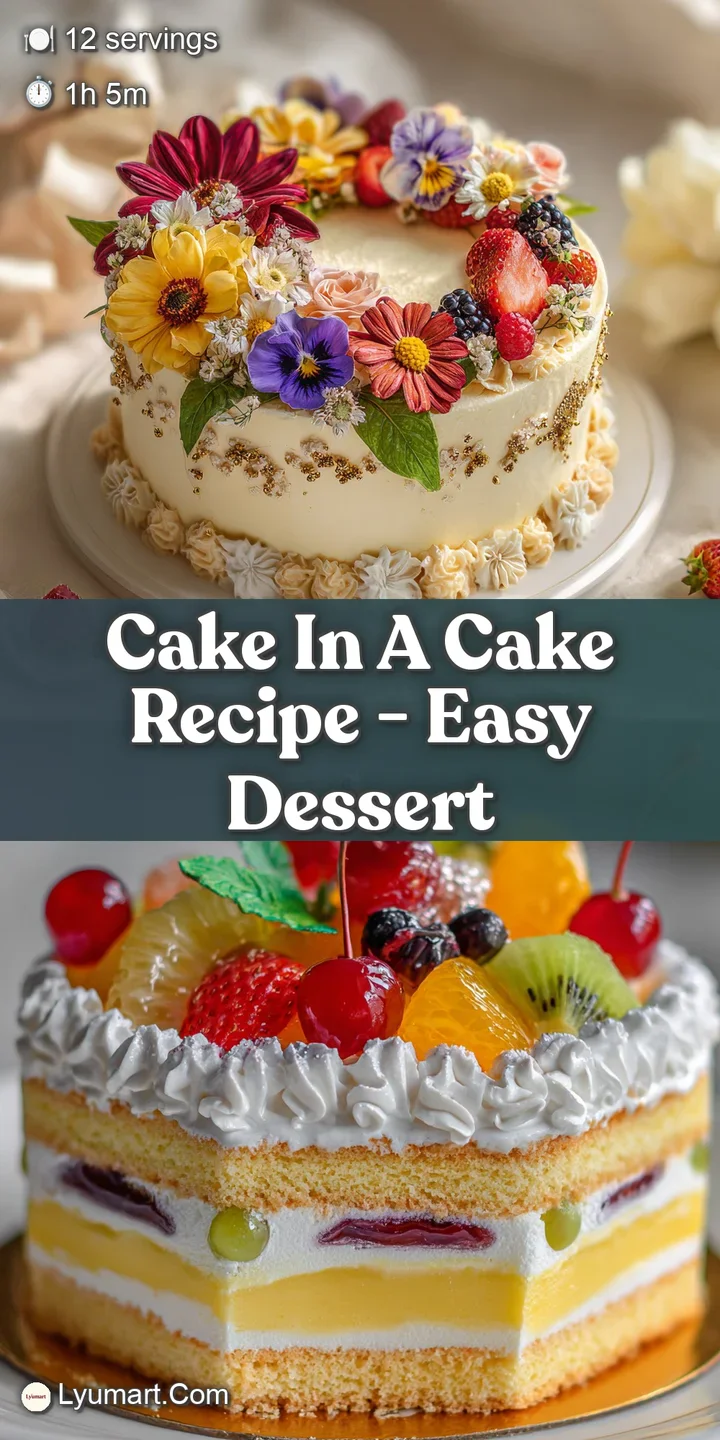 Close-up of the cake layers, showing the smaller cake nestled inside. Soft, frosted textures and colorful sprinkles invite...