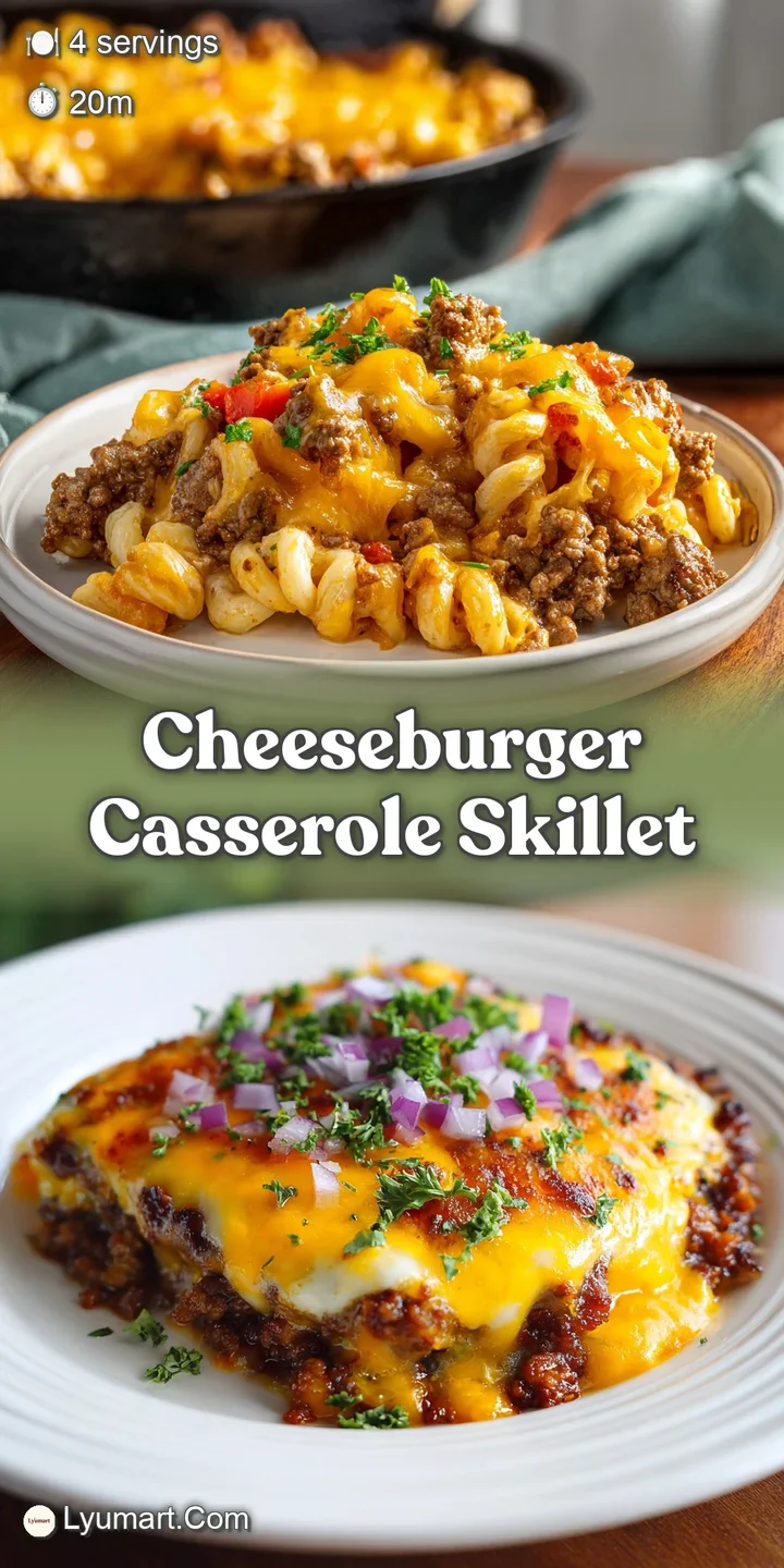 Close-up of a cheeseburger casserole: melty, gooey cheddar and savory ground beef with a hint of herbs sprinkled throughout.