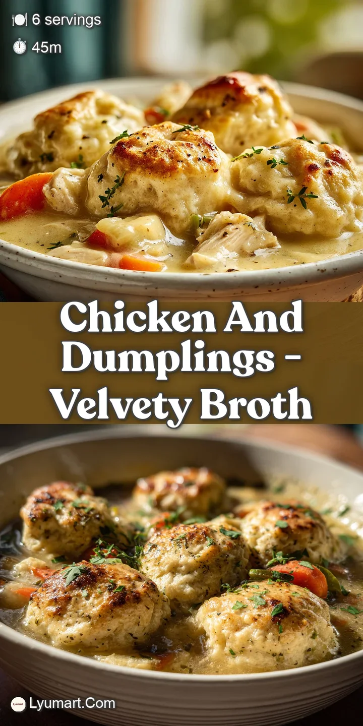 Close-up of chicken and dumplings, steam rising. Pillowy biscuit texture, glossy broth, and tender chicken showcase comfor...