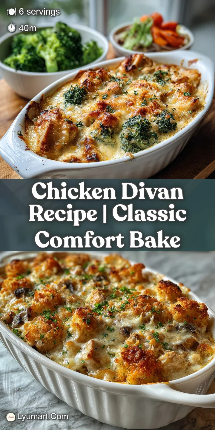 Close-up of Chicken Divan; steamy, creamy sauce, tender chicken, and broccoli are topped with golden-brown crunchy breadcr...