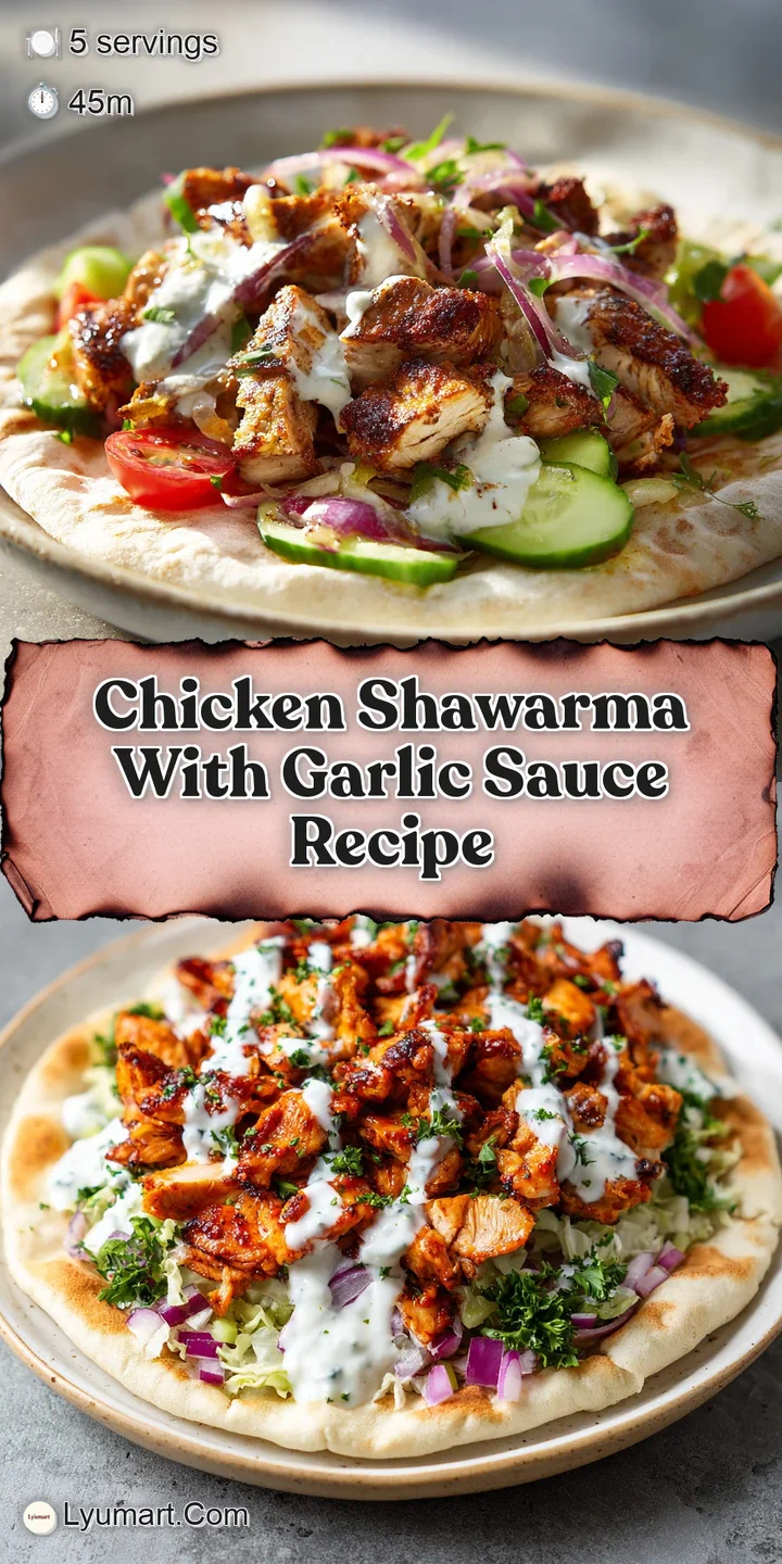Close-up capturing the succulent texture of chicken shawarma, dripping with rich garlic sauce, and the bright, refreshing ...
