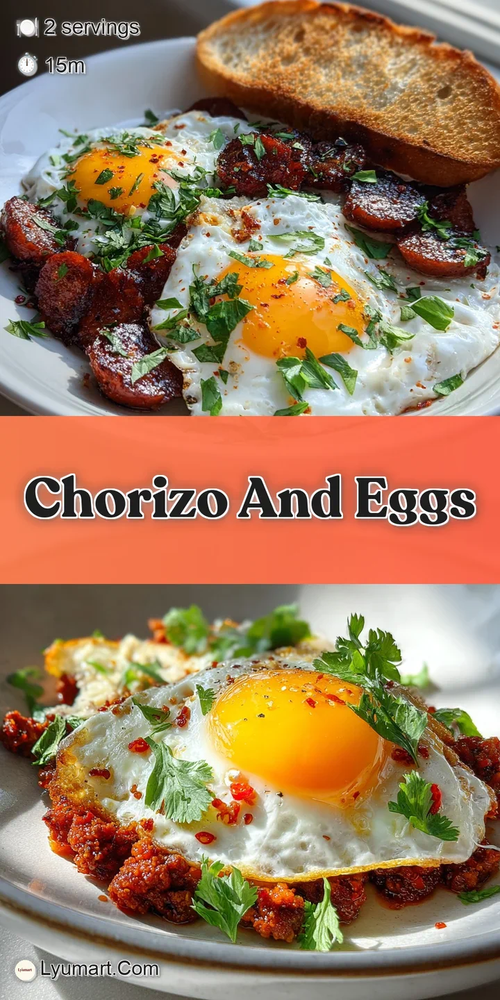 Close-up shows a pile of spicy chorizo and eggs, flecked with red pepper. The egg yolks are runny and shiny, promising a r...