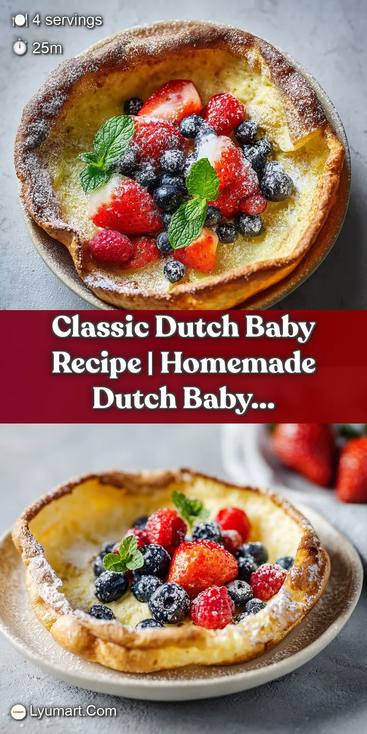 A close-up of a fluffy, golden Dutch baby pancake with dimpled surface and subtle steam rising
