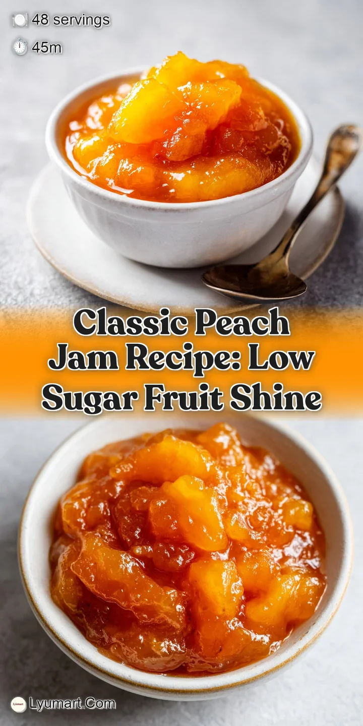 Close-up of bright, jewel-toned peach jam, catching the light and showing the juicy, soft chunks of fruit suspended within...