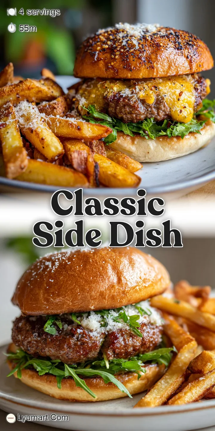 Close-up on golden-brown crispy fries with baked garlic, next to a dripping, cheesy burger. A tempting, mouth-watering pre...