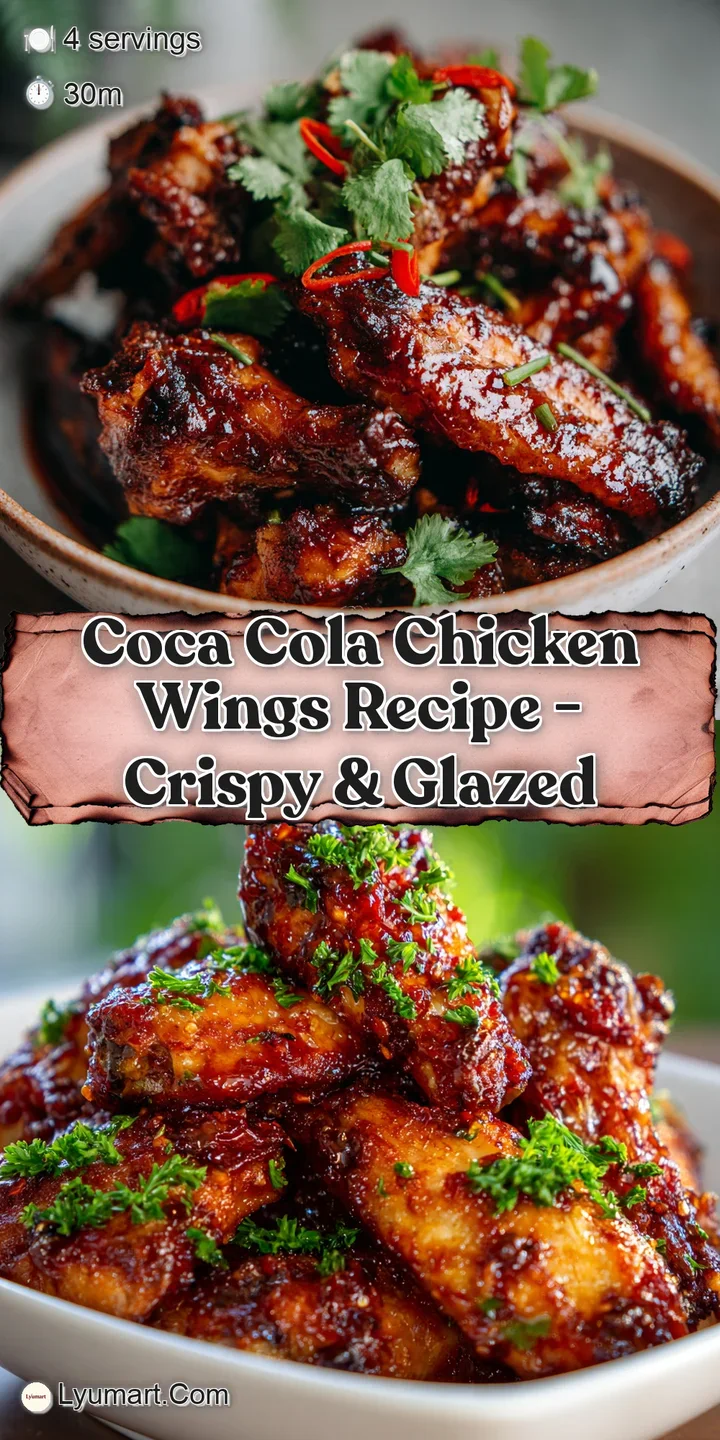 Close-up of a juicy Coca-Cola chicken wing with a glistening dark sauce, showcasing the sticky, caramelized texture and sa...