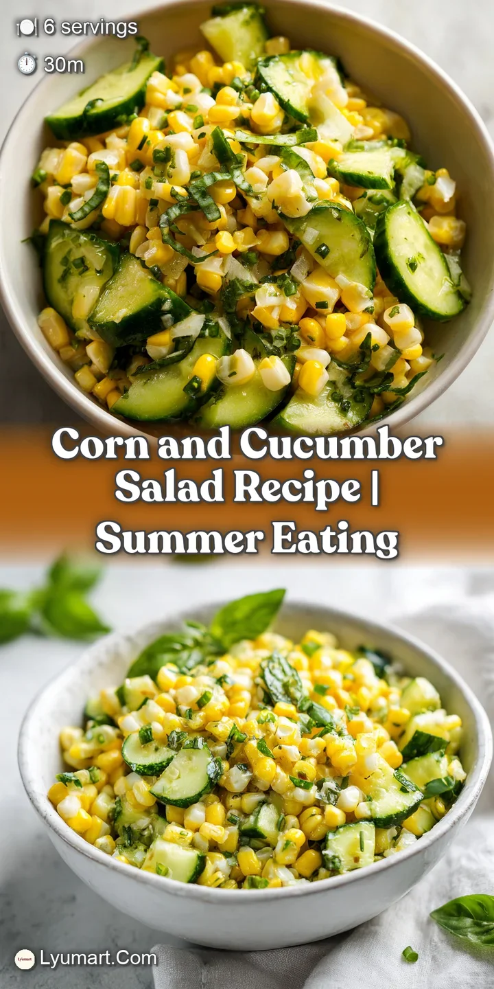 Close-up of refreshing corn salad. Juicy kernels, cucumbers, and herbs mingle, coated in a bright, light, appetizing dress...