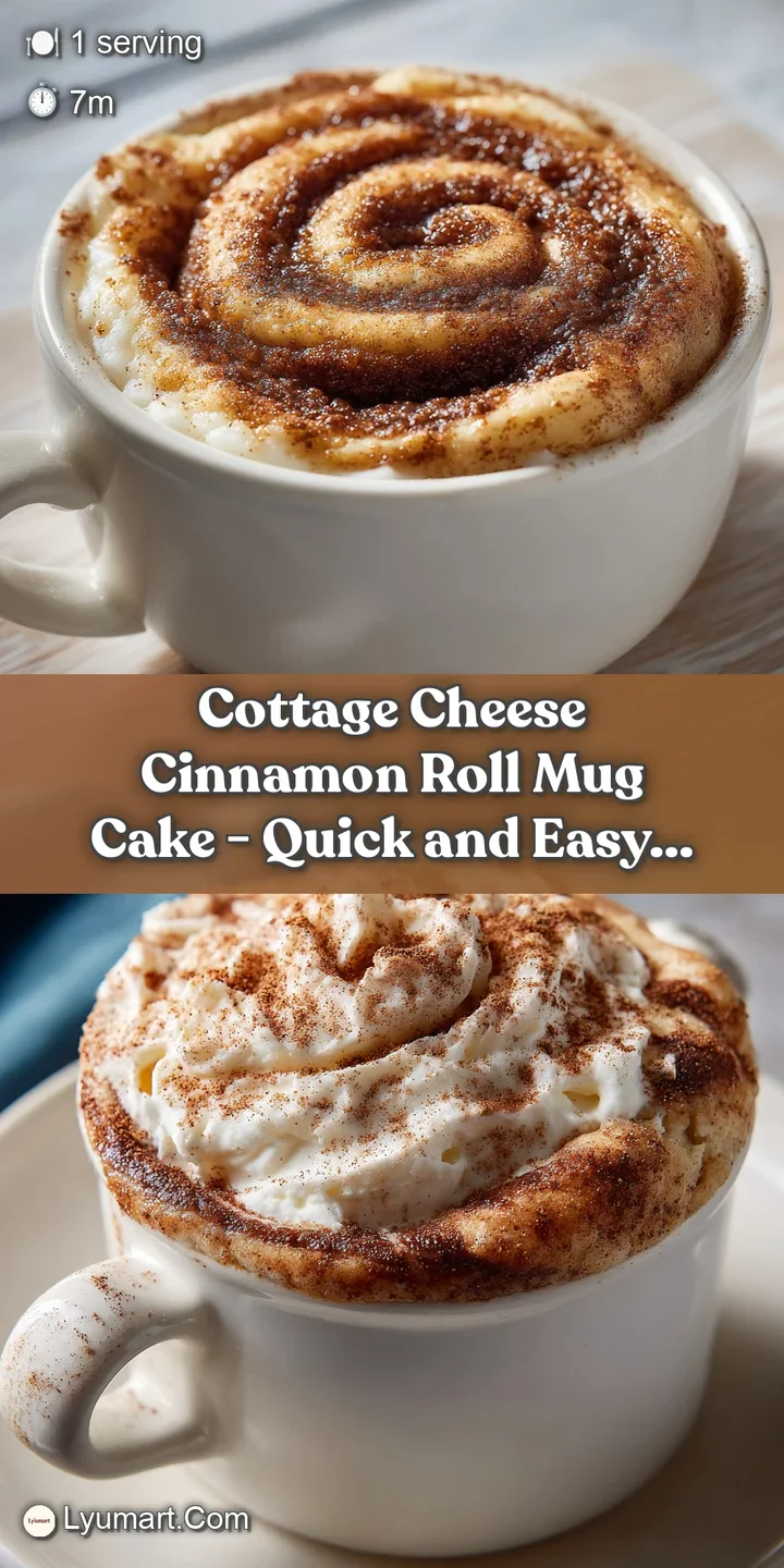 Close-up of a moist, cinnamon-swirled mug cake. Soft and fluffy texture, topped with a creamy white drizzle. Sweet treat.