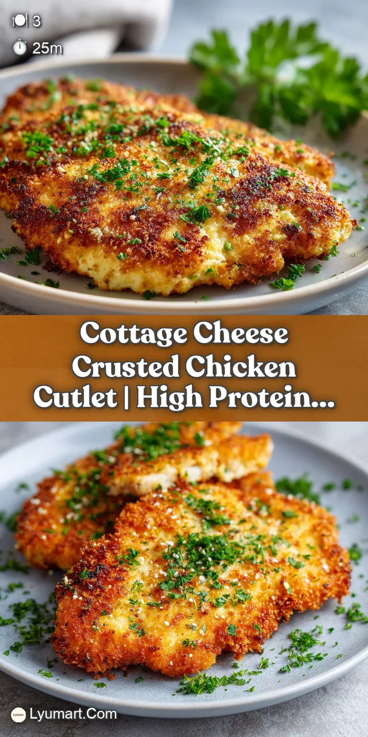 Close-up of a golden chicken cutlet. Bubbled cheese crust with flecks of green herbs offers a tempting, textured surface.