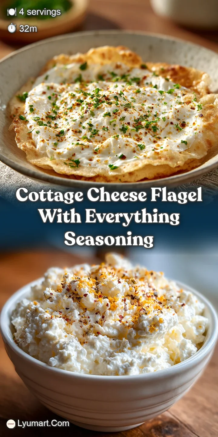 Close-up of an everything-seasoned flagel, showing toasted edges and the creamy texture of the baked cottage cheese.