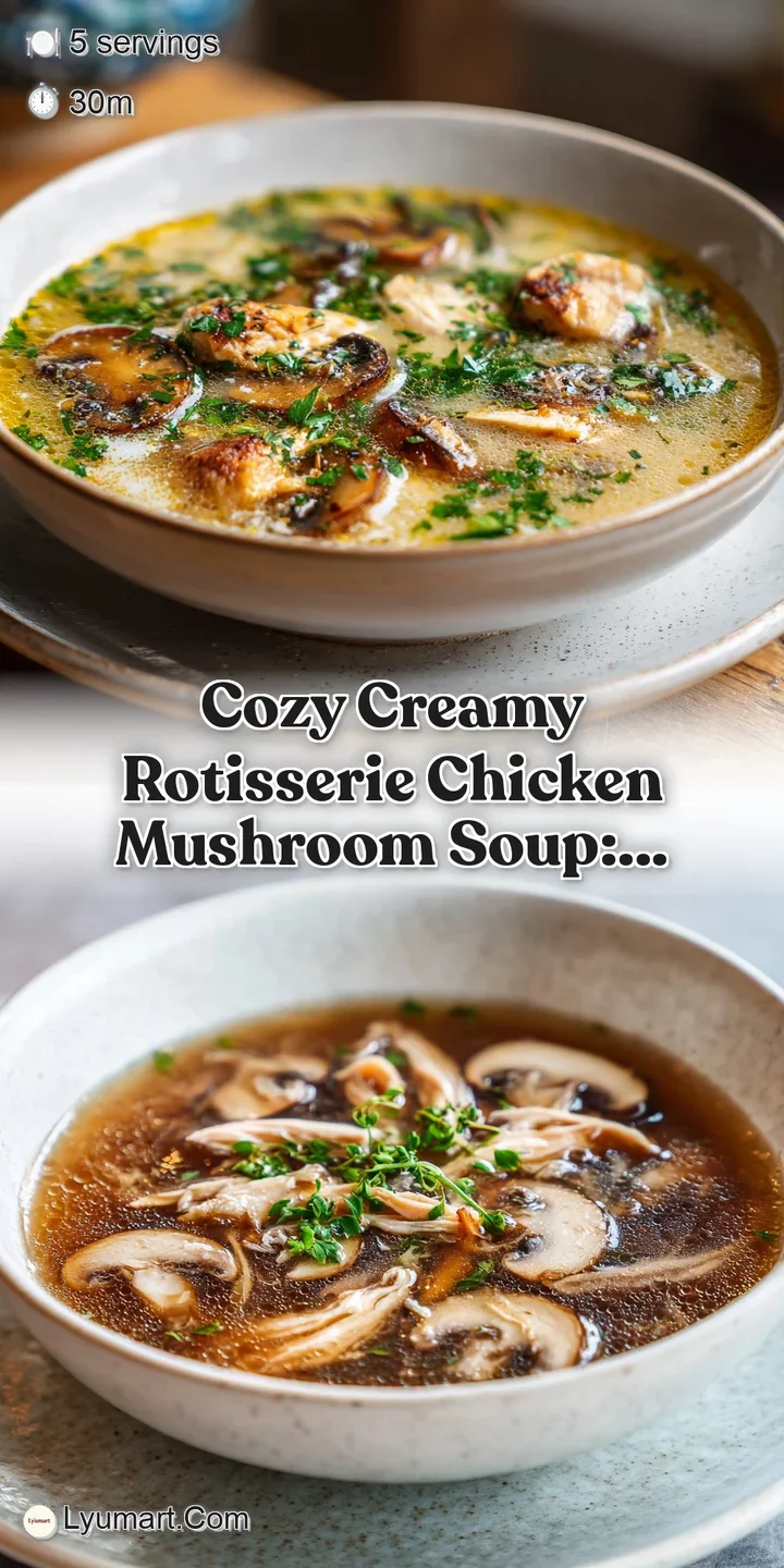 Close-up view of rich, creamy chicken soup with tender mushrooms and shredded chicken, flecks of herbs adding vibrant color.