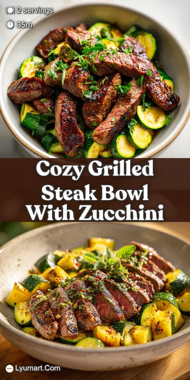 Close-up of a steak bowl shows charred steak, tender zucchini, and creamy sauce coating fluffy rice. A hearty, satisfying,...