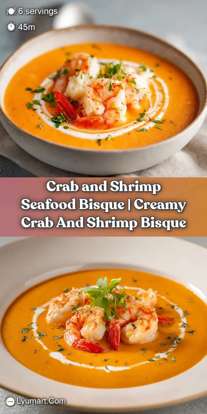 Close-up of rich, creamy coral-colored bisque with tender chunks of white crab meat and a swirl of heavy cream.