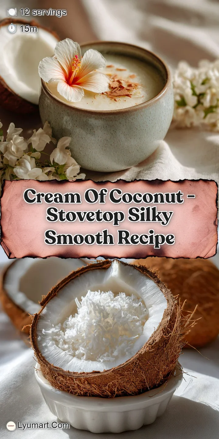 Close-up of glistening cream of coconut soup. The rich, smooth texture is enticing, inviting a taste of tropical flavor.