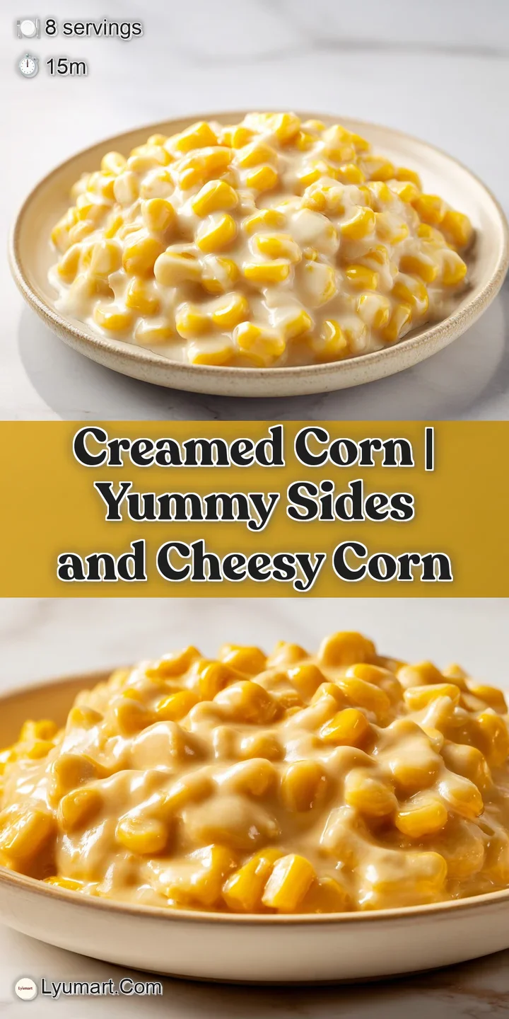 Close-up of thick, buttery yellow corn kernels coated in a rich, glossy cream sauce, steaming and ready to serve.