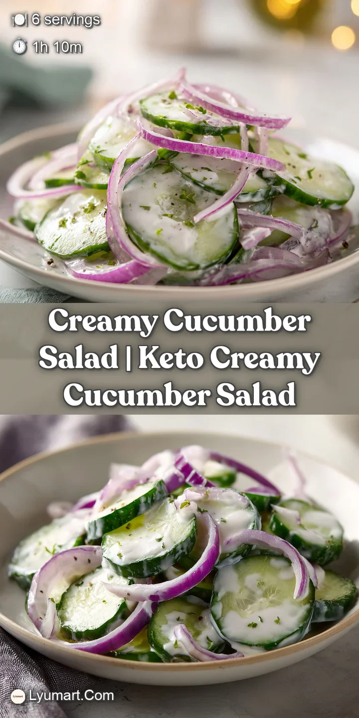 Close-up of crisp cucumber rounds coated in a rich, creamy white sauce with tiny specks of cracked black pepper.