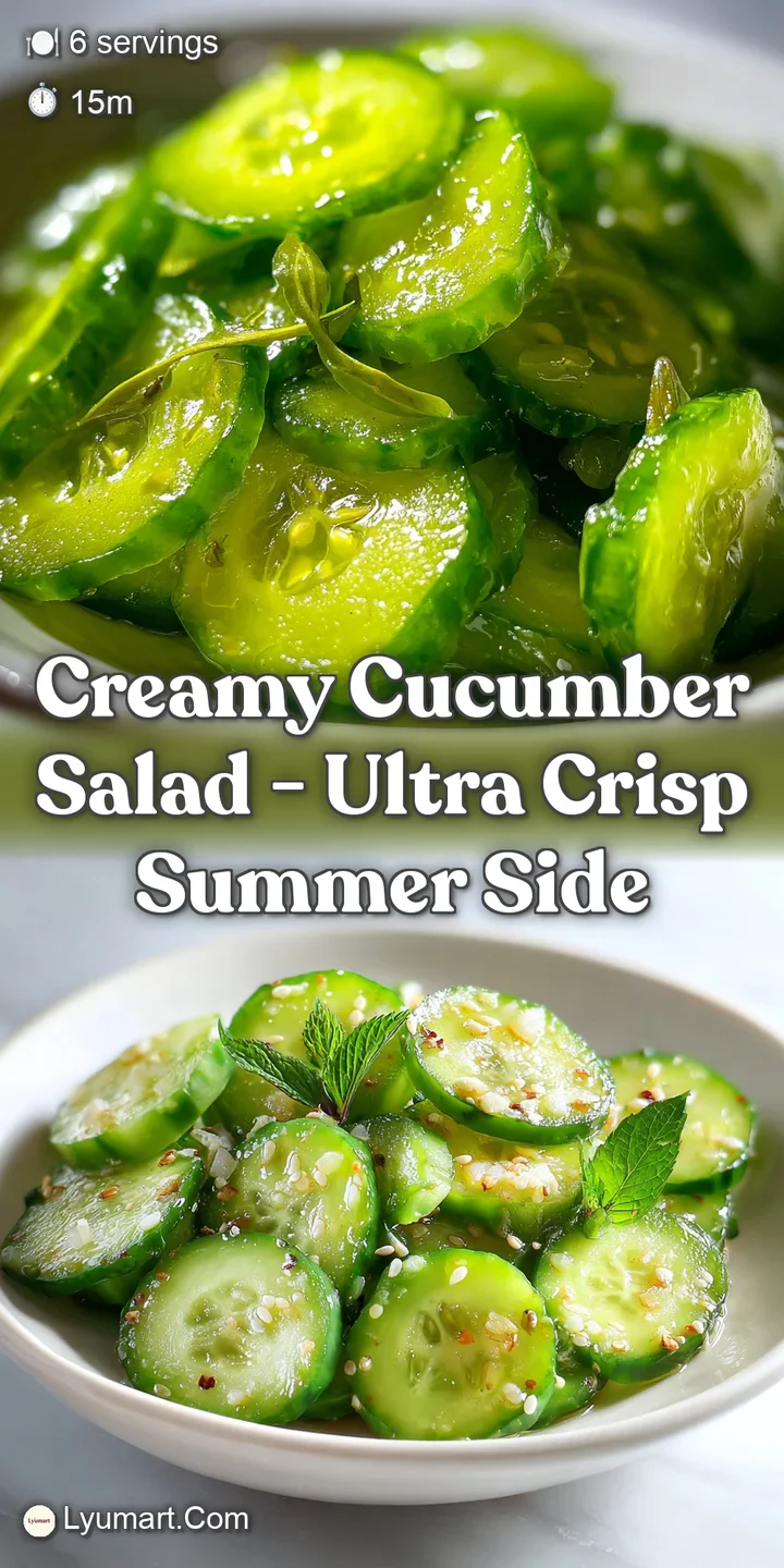 Close-up of the creamy cucumber salad with glistening, juicy cucumbers and a smooth, creamy dressing. A visually appealing...