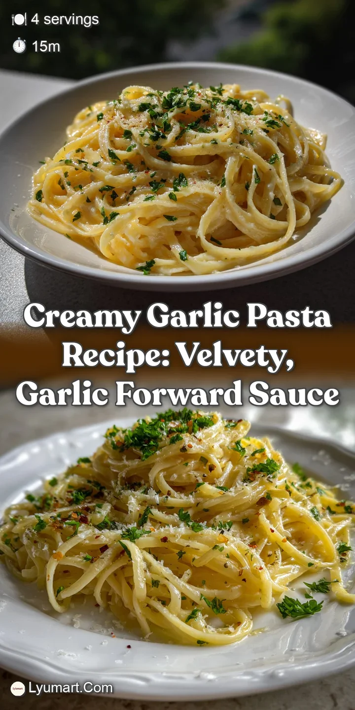 Close-up of creamy pasta. Garlic cloves and herbs visible, showcasing a rich, smooth sauce. Steam subtly rising, promising...