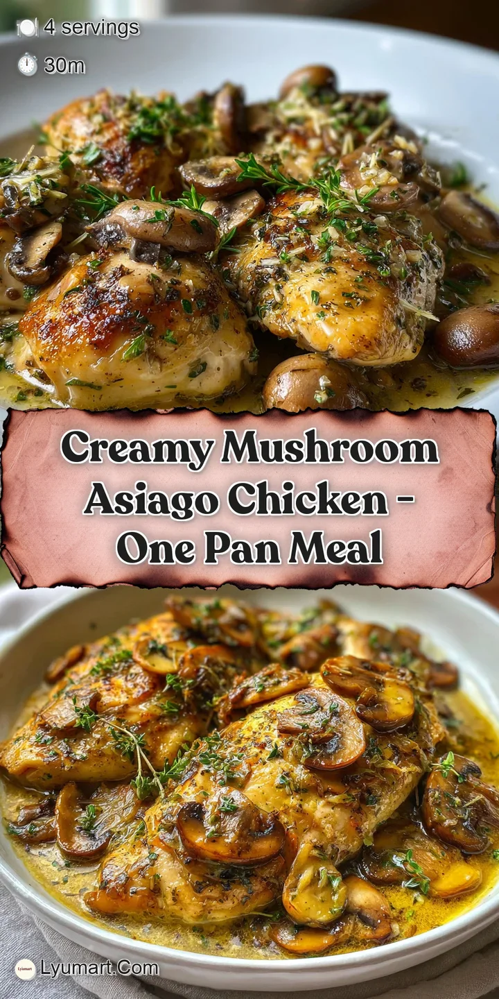 Close-up of succulent chicken and plump mushrooms bathed in a luscious, creamy sauce; Asiago cheese melts enticingly within.