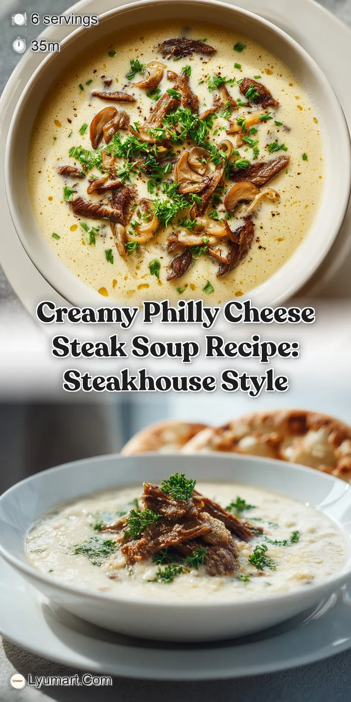 Mouthwatering close-up: Tender ribeye and melted cheese create a rich, marbled effect in the creamy, golden soup.