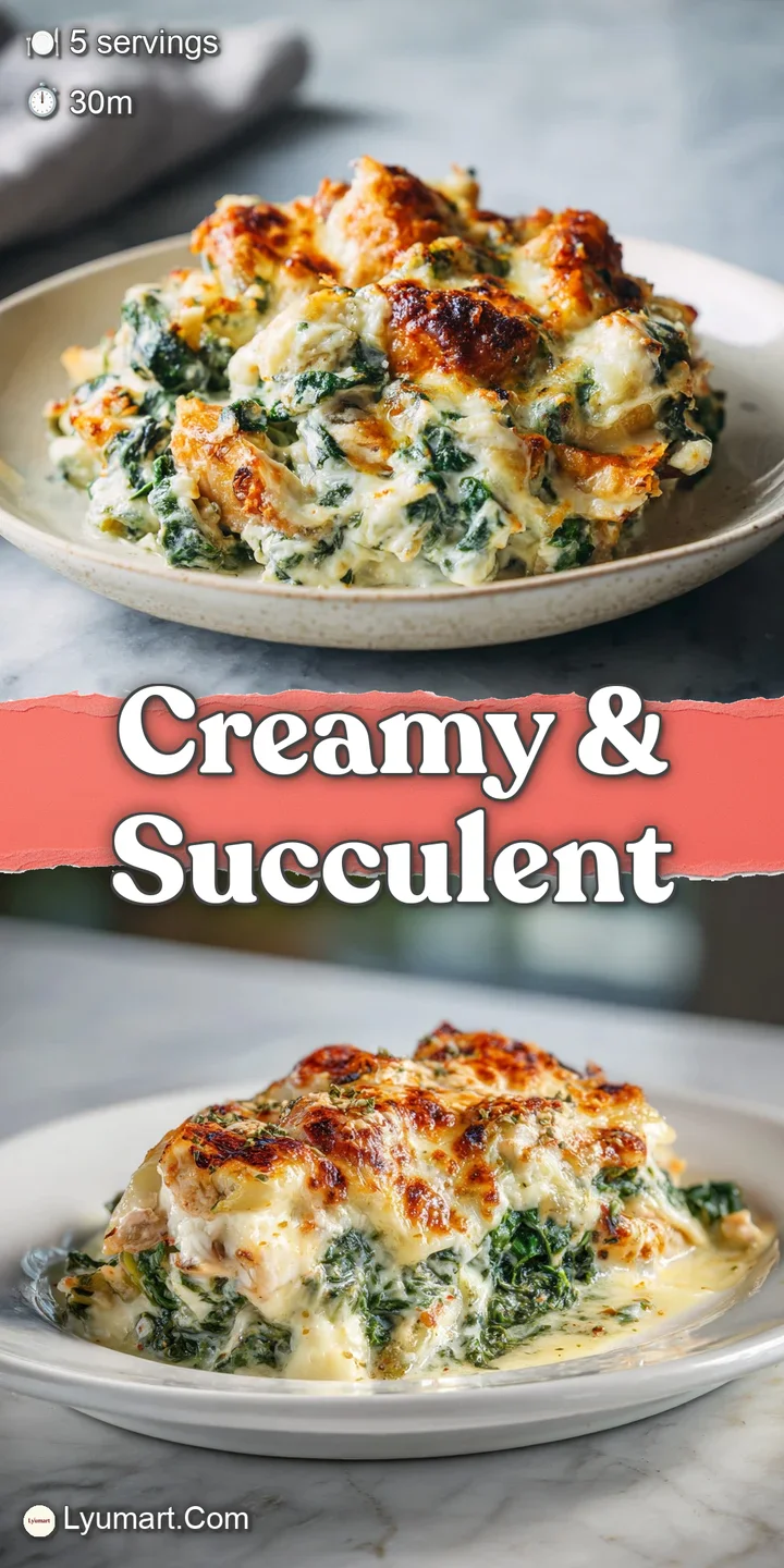 Close-up: Creamy, bubbling casserole, showcasing tender chicken pieces & wilted spinach in a rich, cheesy sauce.