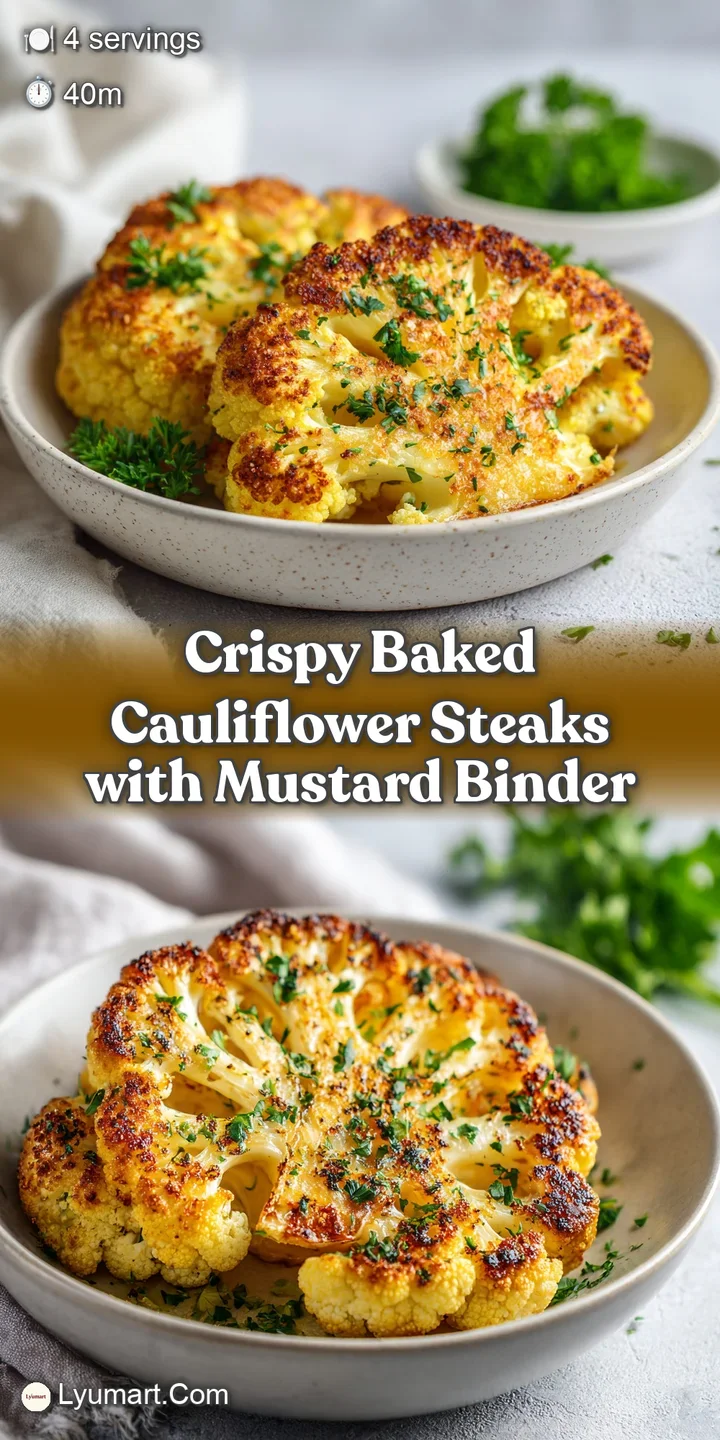 Close-up: Crispy, golden cauliflower steak, speckled with herbs. Hints of steam, promising a tender, flavorful bite.