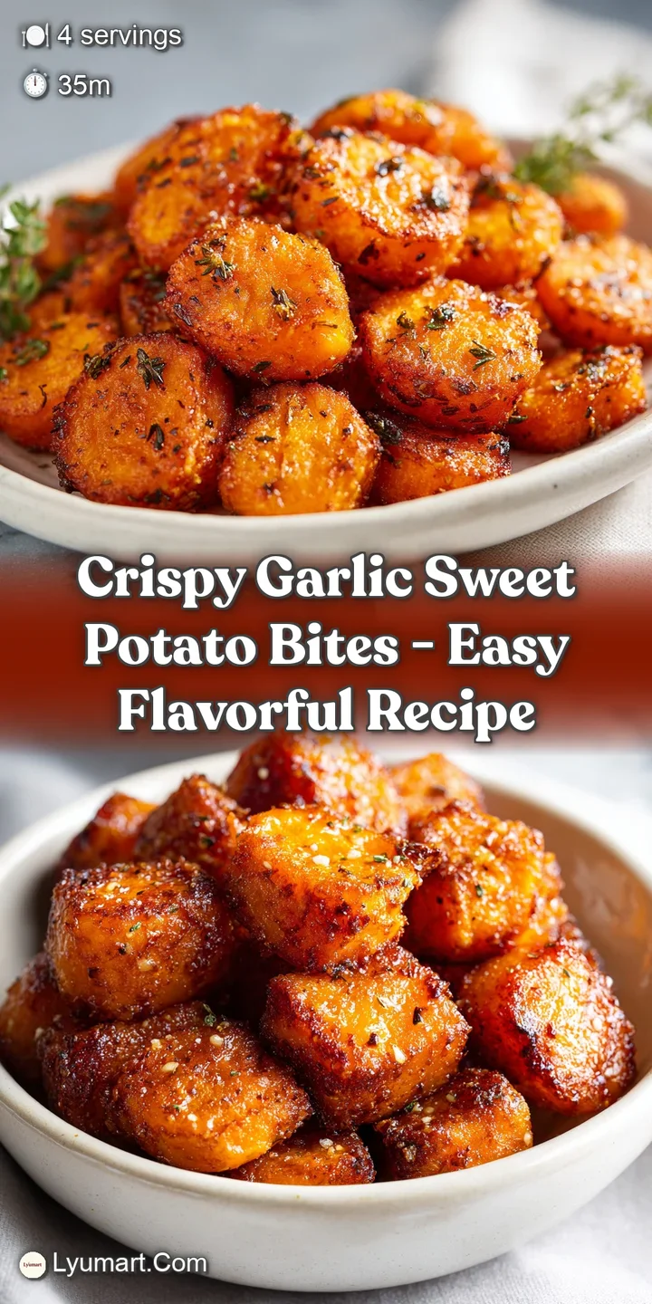 Close-up of a crispy sweet potato bite, showing the textured surface and glistening garlic pieces; vibrant and appetizing.