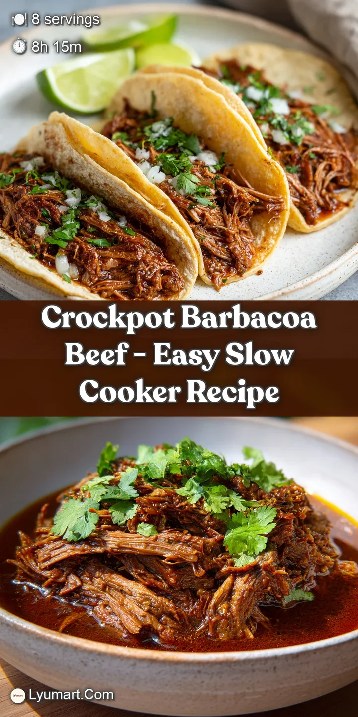 Close-up of juicy, slow-cooked barbacoa beef with a glistening, slightly caramelized surface. Shredded texture is visible ...