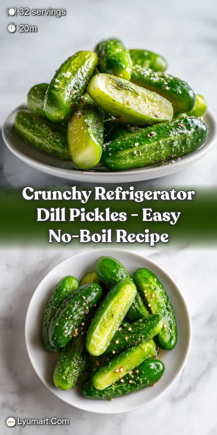 Close-up of refrigerator pickles. The vibrant green of the dill and garlic contrasts with the pale cucumbers.