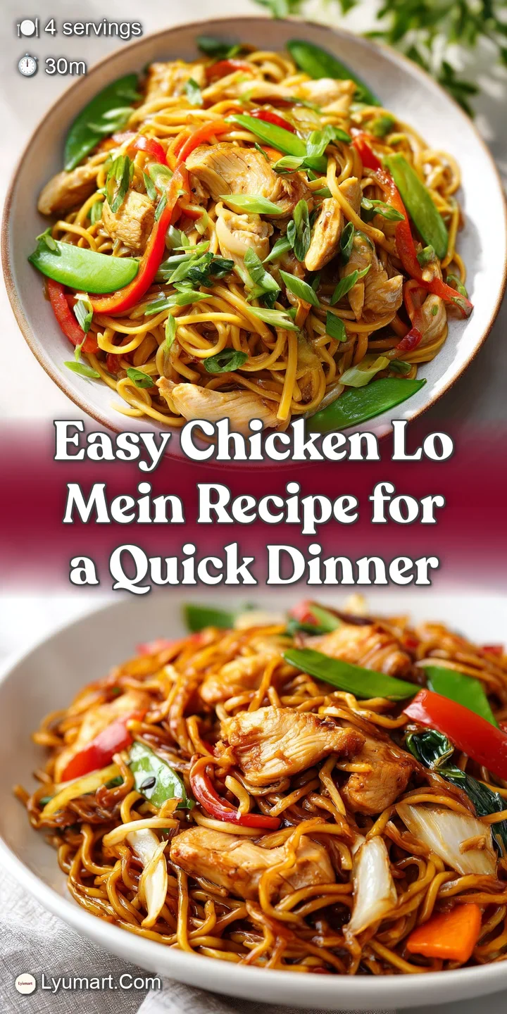 Close-up of glistening noodles with juicy chicken; colorful bell peppers and onions peek through a rich, savory sauce.