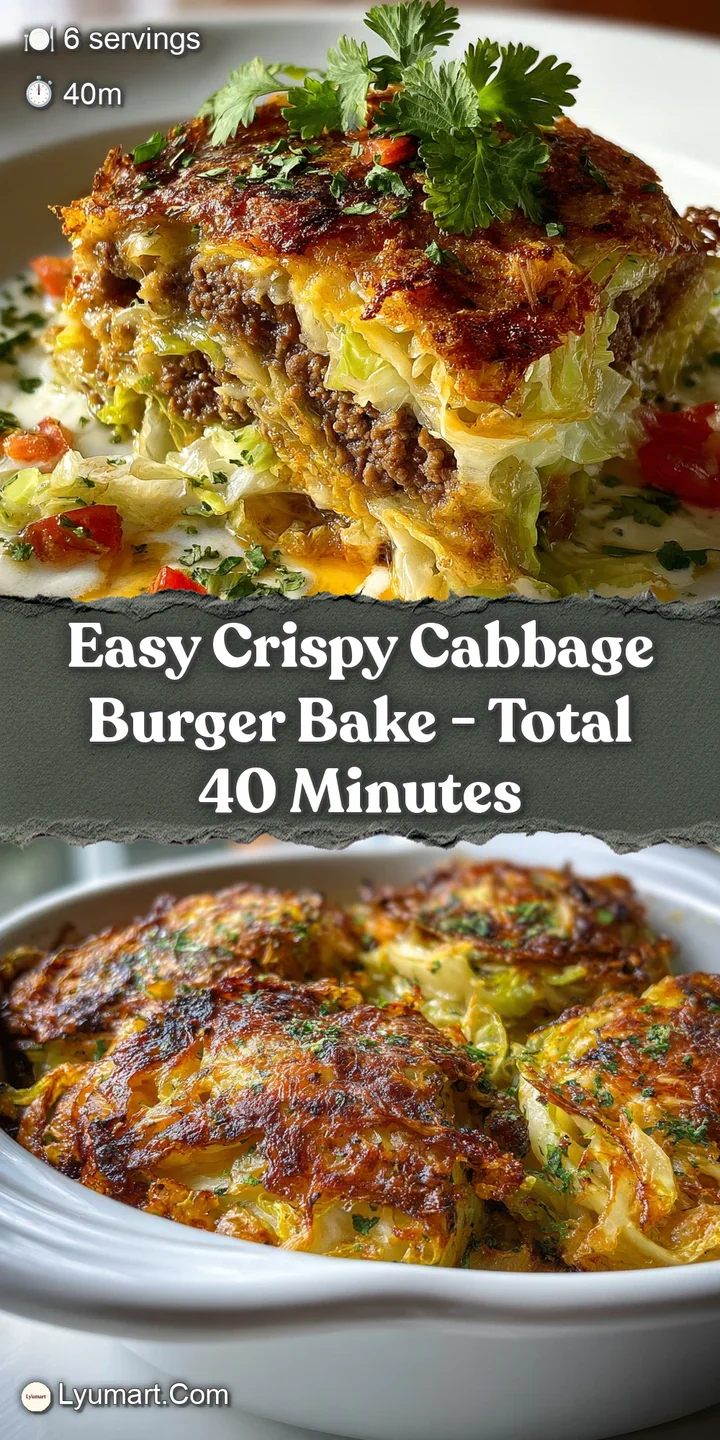 Close-up of a cabbage burger bake showcasing the textures of the crispy cabbage, juicy burger, and melted cheese. Visually...