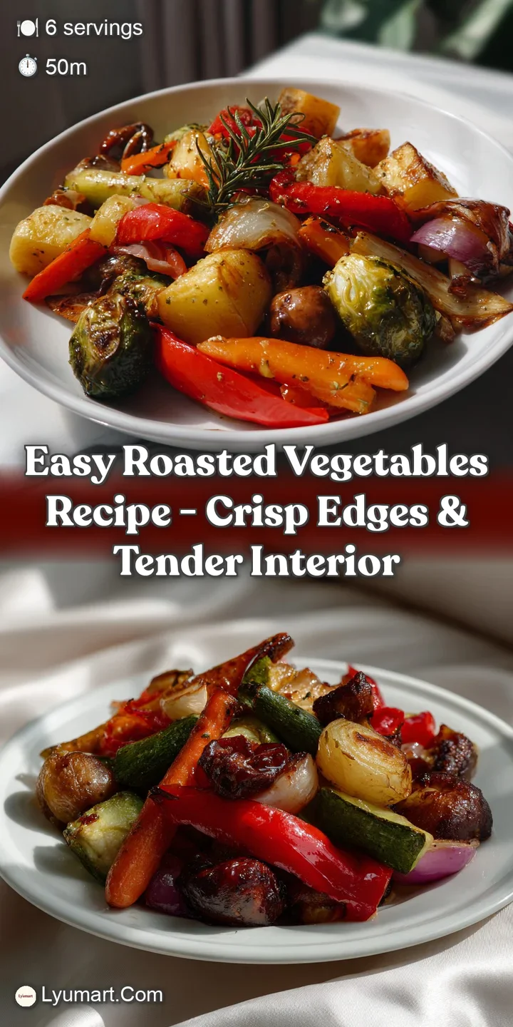 Close-up of roasted vegetables, glistening with olive oil. The tender-crisp textures and deep char add visual appeal to th...