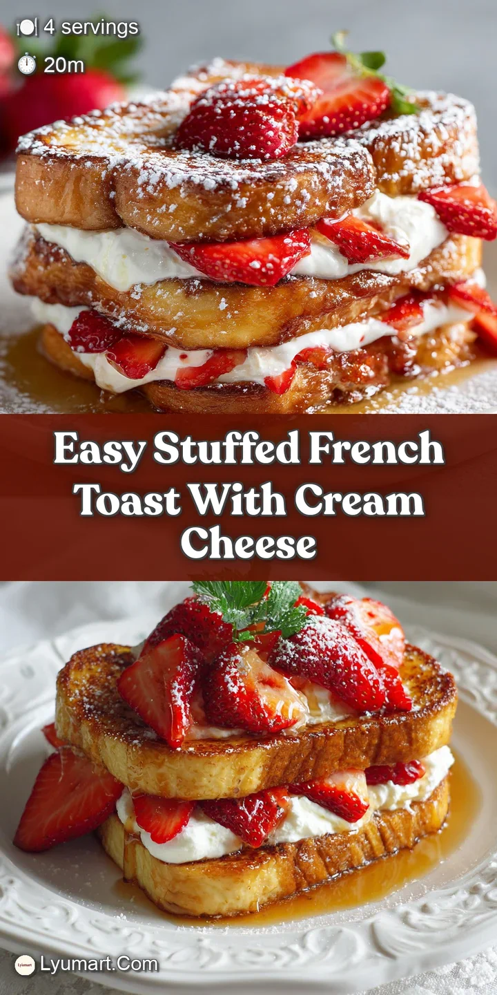 Close-up of a slice of stuffed French toast showing soft, custard-soaked bread and juicy strawberries. A tempting breakfas...