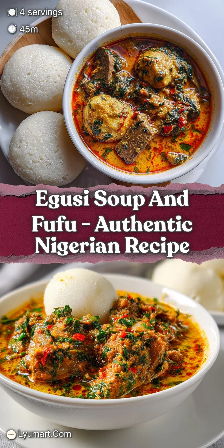Close-up of glistening egusi soup with flecks of red pepper and green vegetables, highlighting the creamy, slightly textur...