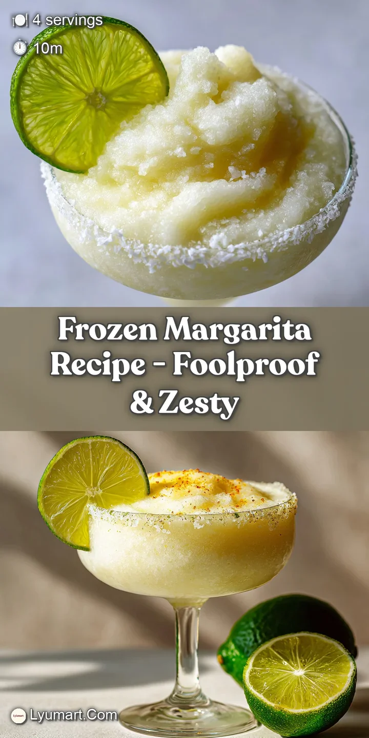 Up-close view of a frosty, salt-rimmed margarita glass. Condensation glistens, showing a refreshing blend of lime and ice.