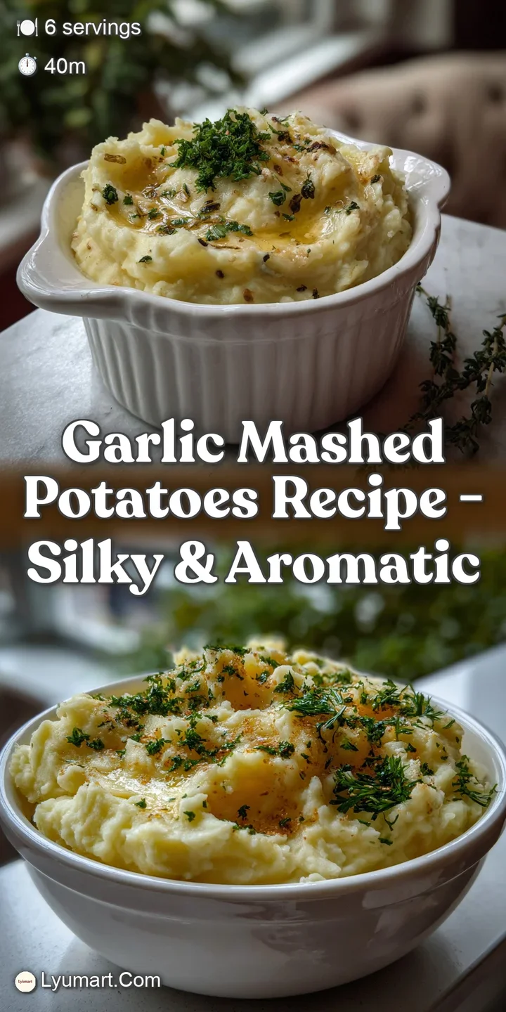 A close-up of buttery, garlic-infused mashed potatoes, exhibiting a perfectly smooth texture with flecks of fresh herbs an...