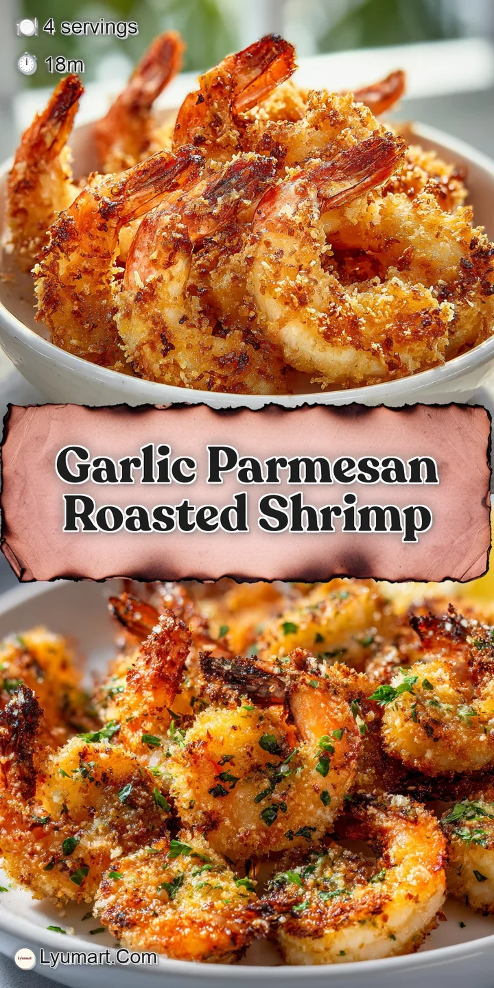 Close-up of juicy, garlic parmesan shrimp with a slightly crispy texture, showing the rich sauce and fresh herb garnish.