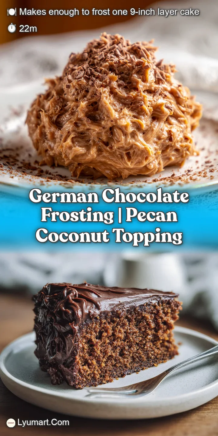 Close-up of creamy, fudgy German chocolate frosting, with flecks of coconut and nutty pecans; a rich, tempting, decadent t...