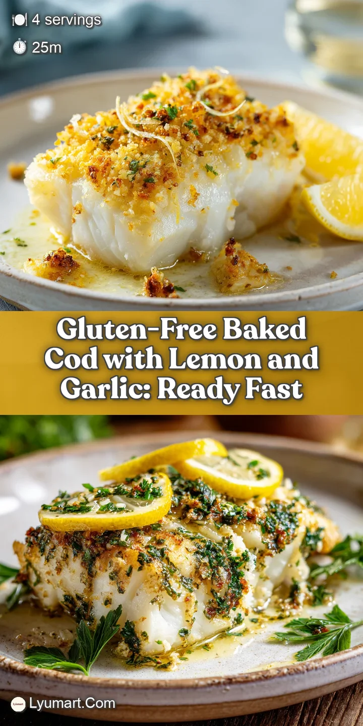Up-close view of a perfectly baked, snow-white cod fillet, glistening with olive oil, lemon, and garlic, herbs sprinkled o...